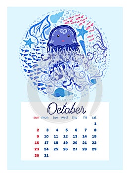 Marine life. calendar design template for 2022, A4 format. Week starts on Sunday. Whale, mermaid, snail, shark, crab