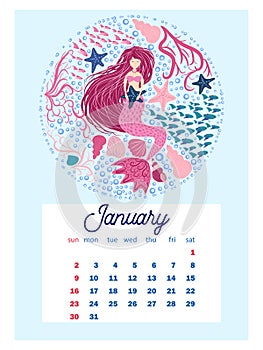 Marine life. calendar design template for 2022, A4 format. Week starts on Sunday. Whale, mermaid, snail, shark, crab