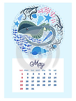 Marine life. calendar design template for 2022, A4 format. Week starts on Sunday. Whale, mermaid, snail, shark, crab