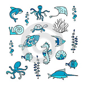 Marine life, collection of sketches for your design