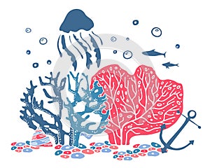 Marine life composition. Corals and jellyfish. Hand drawn vector colorful illustration
