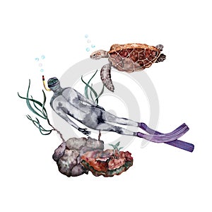 Marine life composition with a diver, coral reef, seaweed and a sea turtle. Watercolor illustration isolated on white background.