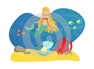 Marine Life with Cute Smiling Little Mermaid and Aquatic Nature, Sea Theme Vector Illustration