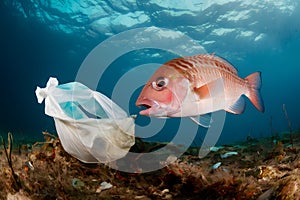 Marine life encounters plastic pollution in underwater environment, highlighting environmental impact.