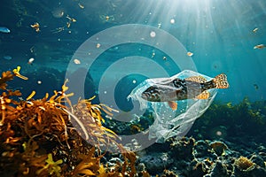 Marine life entangled or harmed by plastic waste in an underwater environment. Plastic pollution problem