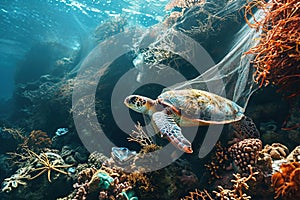 Marine life entangled or harmed by plastic waste in an underwater environment. Plastic pollution problem