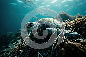 Marine life entangled or harmed by plastic waste in an underwater environment. Plastic pollution problem