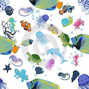 Marine life, fish, animals bright seamless pattern. sea travel, underwater diving animal tropical fish. Jellyfish, whale