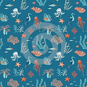 Marine Life flat vector seamless pattern background. Underwater animals wildlife