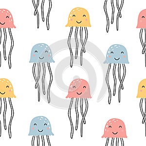 Marine life jellyfish seamless pattern hand drawn cartoon animal background in children style