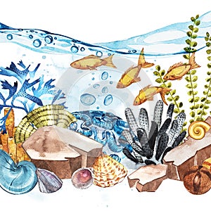 Marine Life Landscape - the ocean and the underwater world with different inhabitants. Aquarium concept for posters, T