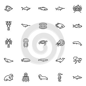 Marine life line icons set