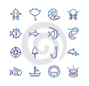 Marine life nautical sea animals and equipment thick line blue icons