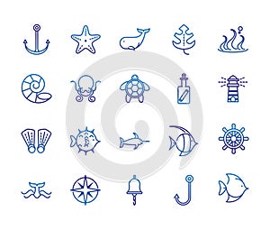 Marine life nautical sea animals and equipment thick line blue icons
