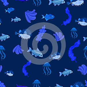 Marine life seamless pattern. Blubber, shell, x-ray fish, pufferfish