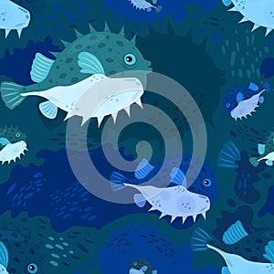 Marine life seamless pattern. Tropical fish. Pufferfish, balloonfish.