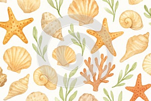 Marine life seashells pattern with starfish and coral elements, background