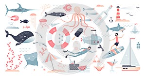 Marine life, underwater wildlife, fauna and beach set tiny person concept