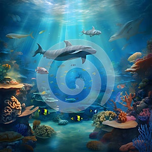 Marine life, underwater world with sea ocean animals, corals and algae, cartoon dolphin and shark, whale and fish, turtle and