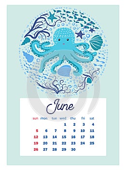 Marine life. Wall calendar design template for 2022, A4 format. Week starts on Sunday. Whale, mermaid, snail, shark