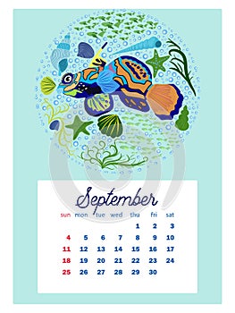 Marine life. Wall calendar design template for 2022, A4 format. Week starts on Sunday. Whale, mermaid, snail, shark