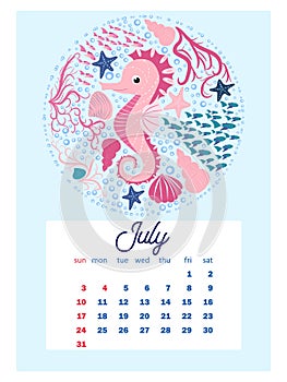 Marine life. Wall calendar design template for 2022, A4 format. Week starts on Sunday. Whale, mermaid, snail, shark