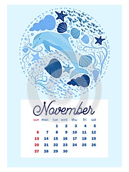 Marine life. Wall calendar design template for 2022, A4 format. Week starts on Sunday. Whale, mermaid, snail, shark