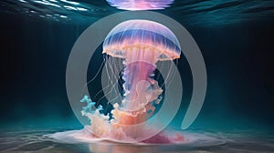 Marine life wallpaper with glowing pastel-coloured jelly-fish.Oceanic and sea inhabitants, medusa, seajelly