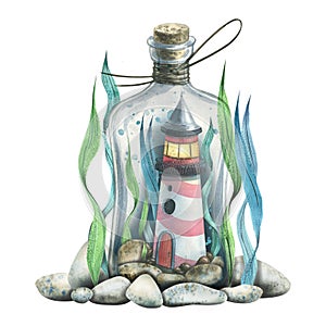 A marine lighthouse in a glass bottle with algae and pebbles. Watercolor illustration, composition. For decoration