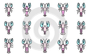 Marine lobster icons set vector color line