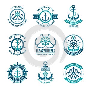 Marine logo. Nautical vector emblem with ship anchors and steering wheels. Cruise boat sailor monochrome symbols for