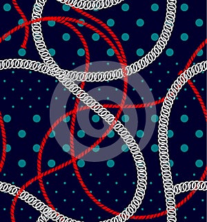 Marine mood ofl summer rope and chain prints on  polka dots   seamless pattern in vector design for fashion,fabric,web,wallpaper
