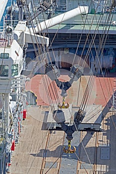 Marine mooring equipment on forecastle deck of ship