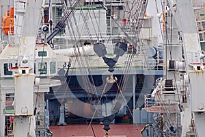 Marine mooring equipment on forecastle deck of ship