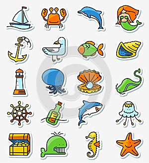 Marine and nautical icons set in line thin and simple line style