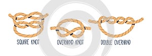 Marine Nautical Nodes. Isolated Vector Square, Overhand and Double Overhand Knots for Maritime Navigation photo