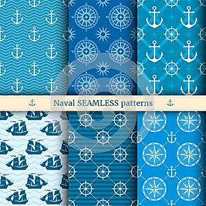 Marine, nautical, sea vector seamless patterns set