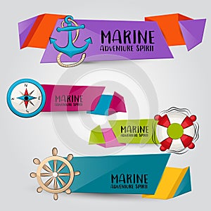 Marine nautical travel concept. Horizontal banner template set. Modern hand drawn doodle design.