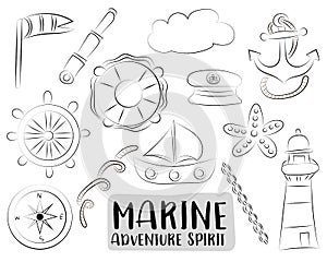 Marine nautical travel icons set. Black and white hand drawn outline doodle objects. Coloring page kids game.