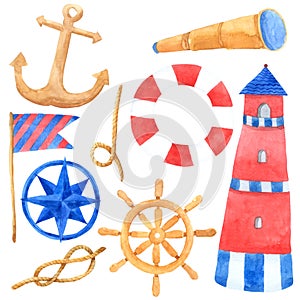 Marine nautical travel watercolor collection on white background , Cartoon Hand drawn for Kids, Greeting Card , Cases design,