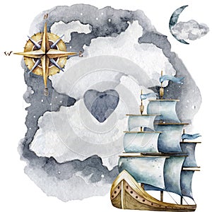 Marine navigation watercolor illustration. Ship, lighthouse, compass, clouds. Finding a way. Sea voyage clipart on a