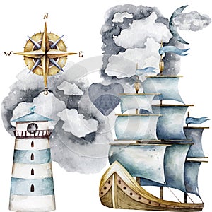 Marine navigation watercolor illustration. Ship, lighthouse, compass, clouds. Finding a way. Sea voyage clipart on a