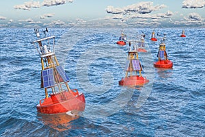 Marine navigational buoys in the open sea, 3D rendering