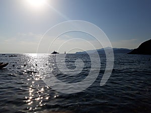 Marine panorama with reflection on the water. Sensation of big calm