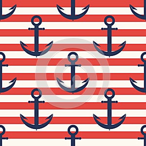 Marine pattern. Anchor, navy seamless pattern with stripes