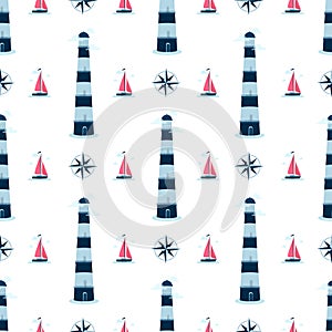 Marine pattern. Sailing yacht, lighthouse and compass.