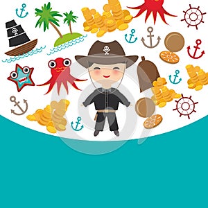 Marine pirate card banner design copy space, pirate boat with sail, gold coins crab octopus starfish island with palm trees anchor