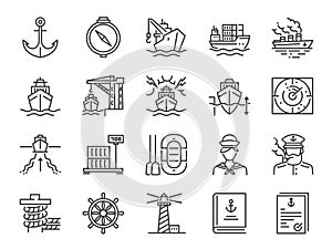 Marine port icon set. Included icons as sea freight services, ship, Shipping, cargo, container and more.