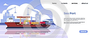 Marine port landing page. Maritime transportation and sea logistic web page with cargo ships and freight vessels. Vector