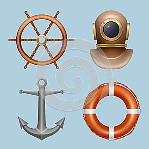 Marine realistic. Space suit lifebuoy anchor steering wheel diving ocean equipment cruising captain safety jacket decent